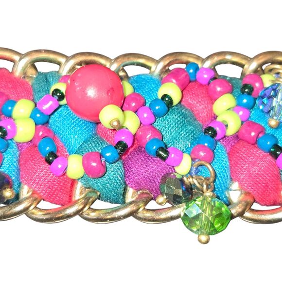 Chico's Multicolored Beaded Braided Fabric & Gold Tone Chain Belt OS/48" Long - Picture 5 of 12